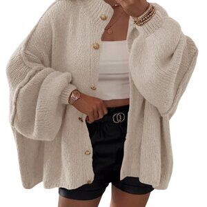 Oversized Cardigan Chunky Knit Lantern Sleeve Button Down Cozy Fall Sweater